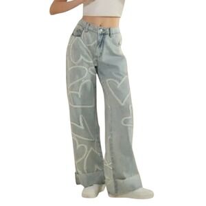 OH‎ Oil & Hali Womens XL Heart Applique Wide Leg Denim Jeans Streetwear Girlhood
